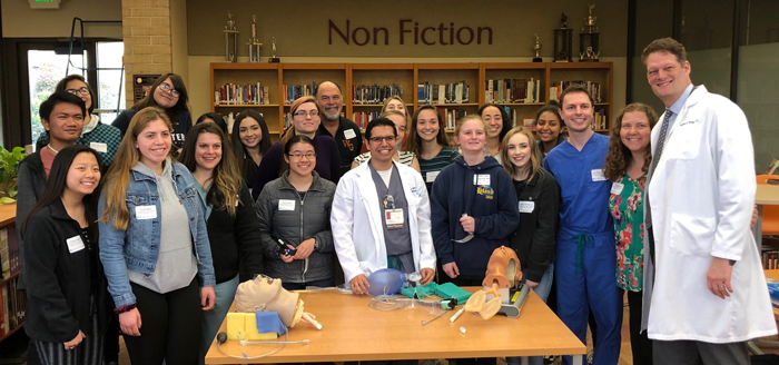 Faculty and students from Willow Glen, Leland and Palo Alto High Schools at the CSA/Stanford/PLTW Partnership Launch Event.  Also pictured are Felipe Perez, MD, Resident Fellow at Stanford and Sam Wald, MD, MBA, CSA Past President