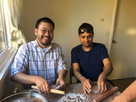 Leon Castaneda (Stanford MD ‘14, Stanford IM ‘17) and Jai Madhok (Stanford MD ‘14, Stanford IM/Anesthesia ‘19, CCM/CT anesthesia ‘21) rolling dumpling skins. The infamous rolling pin from 1984 pictured on the left in Leon’s hand.